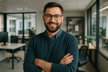 polish office manager, Typ: mężczyzna 35–40 lat, broda, okulary, sweter lub koszula.

Styl: lekko IT, nie garnitur – raczej „cool biuro”.